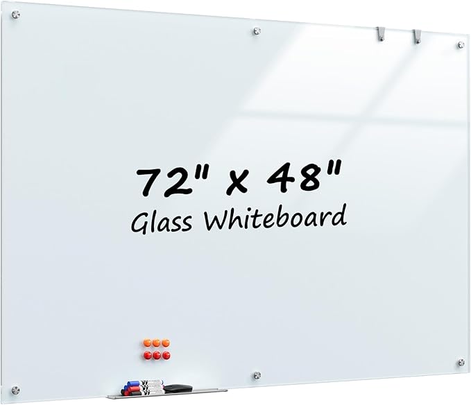 MaxGear Glass Whiteboard 72 x 48 Inch, Large Tempered Glass Dry Erase Board 6 x 4 ft, Frameless Wall Mounted Magnetic Whiteboard for Office, Conference Room, Classroom, Team Collaboration