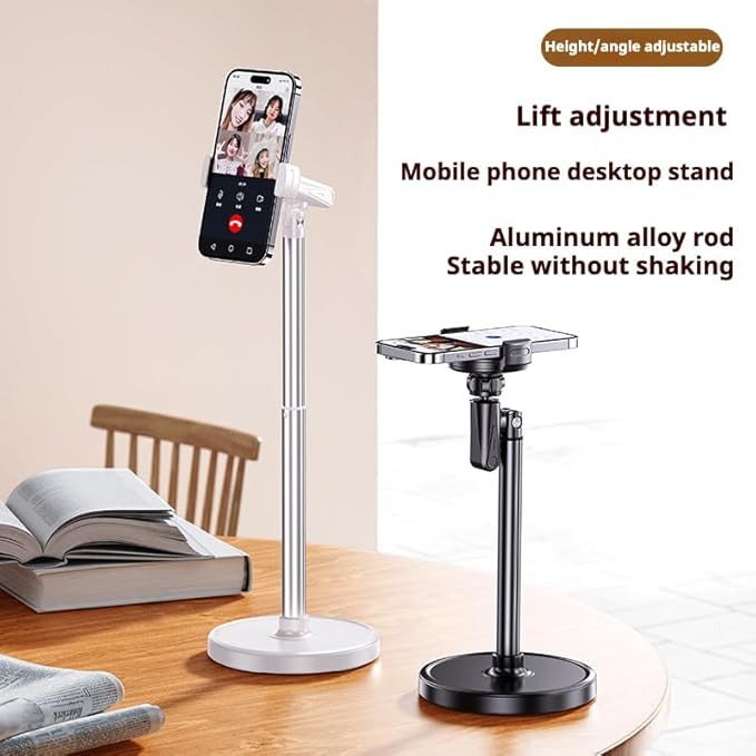 Height Adjustable Phone Stand for Desk, Retractable Desktop Phone Holder, 180° Flip & 360° Rotation Design，Compatible with iPhone/Android Devices,Ideal for Live Streaming and Video Recording (White)