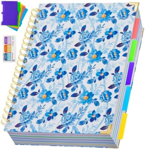 Hardcover Spiral Notebook 8.5" x 11" with Removable Dividers, 300 Pages 5 Subject College Ruled Notebook for Work with Tabs, A4 Spiral Journal for Women Men, School Students Note Taking, Blue Floral