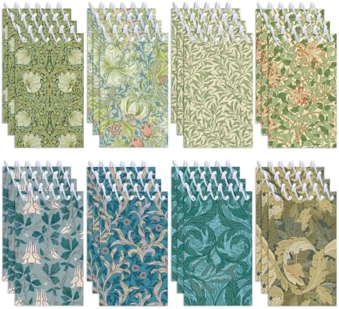 Vintage Floral Pocket Notebooks 24 Pack, Mini Spiral Notepad 2.36 x 3.94 Inch Small Journal Bulk, Cute Lined Memo Pads for Writing, William Morris Style Kraft Cover Top Wirebound Notepads for Office School Gifts