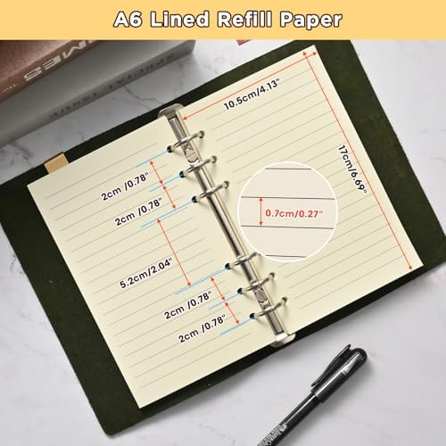 Beige A6 6-Hole Lined Loose Leaf Refill Paper-Fits A6 6-Ring Binder, 100GSM Thick No Bleed-through Sheets, Double Sided Writing for Fountain Pen & Gel Pen