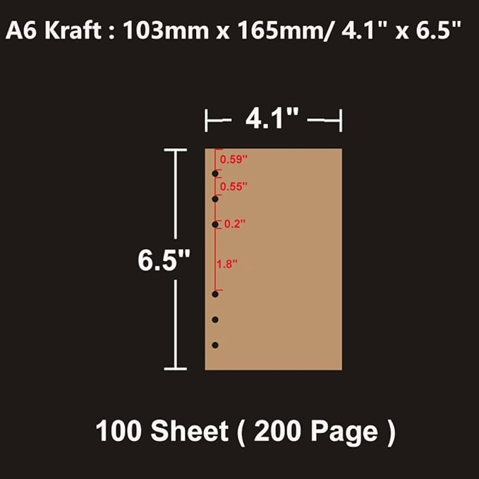 A6 Kraft Refill Paper 6 Hole Punched Filler Paper Refills for A6 Loose Leaf Notebook Travel Journal Personal Diary Planner Binder, 80 Sheet, 160 Page, 4.1 Inches x 6.5 Inches