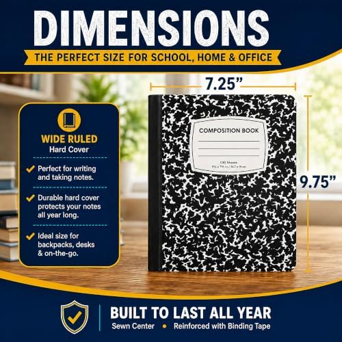 ENVO Composition Notebooks, Wide Ruled Composition Notebook, Black Marble Covers Composition Notebook, 100 sheets, Bulk (48, Wide Ruled)