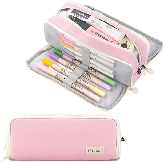 iSuperb 3 Compartments Pencil Case Pouch Big Capacity Pencil Holder for Kids Teen Girls Boys Student School Supplies Oxford Stationery Storage Cosmetic Case (Pink)