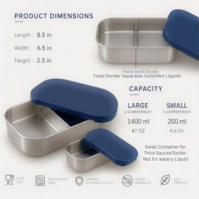 Modaniam Flexibento - Leak proof Stainless Steel Lunch Box Containers with Silicone Lids, Steel Bento Box, Metal lunch Box, Navy-47OZ-Set Of 2