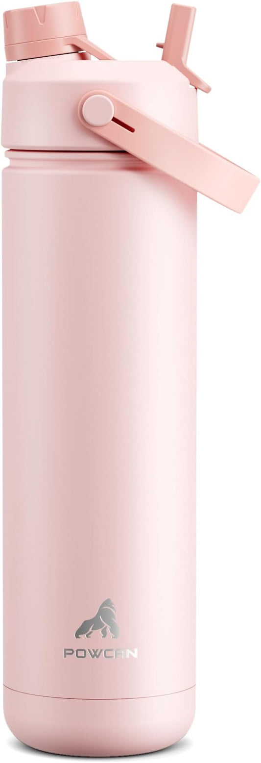 POWCAN 26 oz Insulated Water Bottle with 2-in-1 Straw and Spout Lid, Keep Cold 24H, Leak-Proof, Fits in Car Cup Holder, Stainless Steel Water Bottle for Sports, Travel, and School (Cotton Candy)