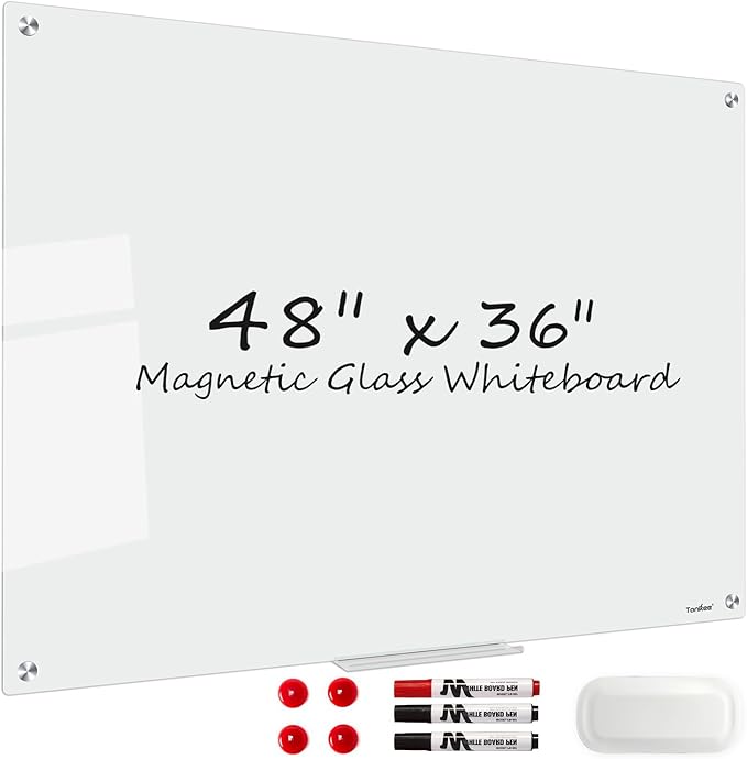 TANKEE Glass Whiteboard, 48 x 36 Inches Magnetic Glass Dry Erase Board for Wall, Large Frameless White Board for Office School Home Classroom