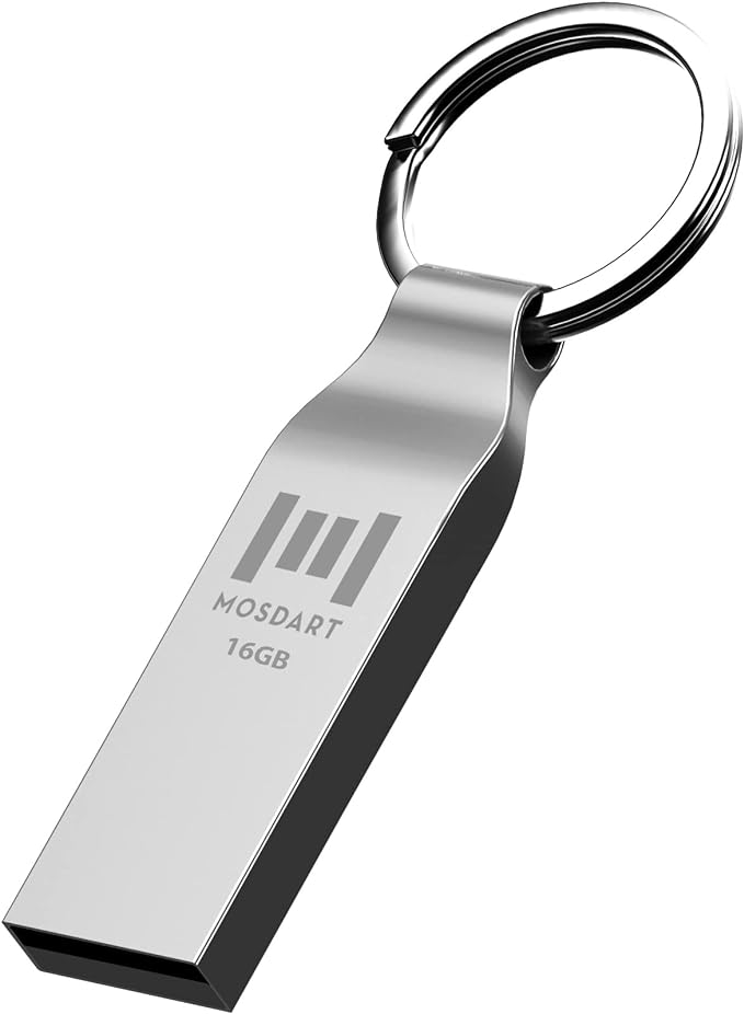 MOSDART Waterproof 16GB USB2.0 Flash Drive, FAT32 Metal Memory Stick with Keychain, for System Back, Data Storage, Silver