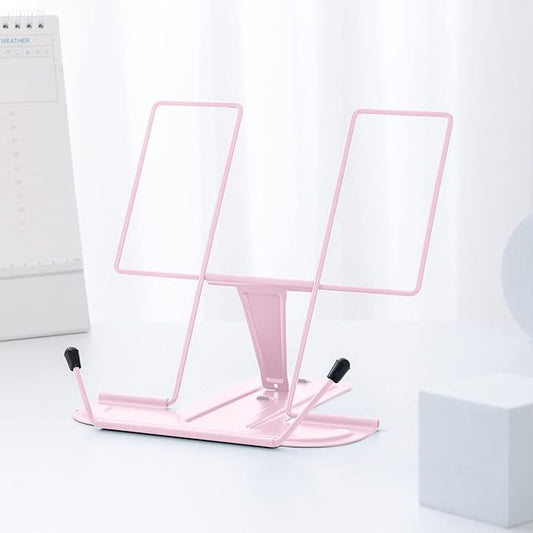 MSDADA Metal Book Stand for Desk, Adjustable Reading Rest Book Holder, Portable Cookbook Documents Holder, Sturdy Typing Stand for Recipes Textbooks Tablet Music Books with Page Clips (Macaron Pink)