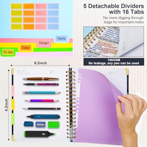 Spiral Journal Notebooks for Work, 300 Pages 5 Subject Notebook College Ruled with Dividers & Tabs, A5 Notebook Journal for Women Students Note-Taking and Organizer (Navy Marble)