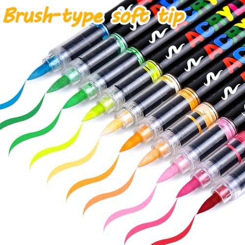 36 Colors Acrylic Paint Markers Brush Tip, Colored Paint Pens Set with Direct-Liquid Ink Control System, Water-Based Coloring Markers for Pumpkin Decorating Kit, Rock, Fabric, Wood, Wood, Art Supplies