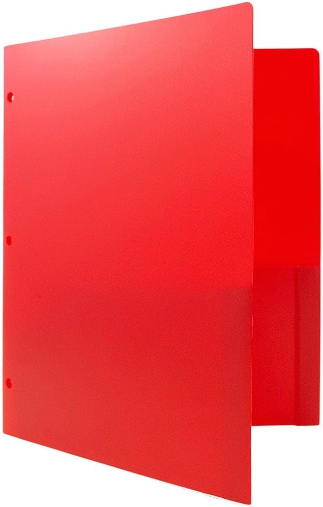JAM PAPER Heavy Duty Plastic 3 Hole Punch Pocket Folders - Extra Tough School Folders - Red - Bulk 48/Pack