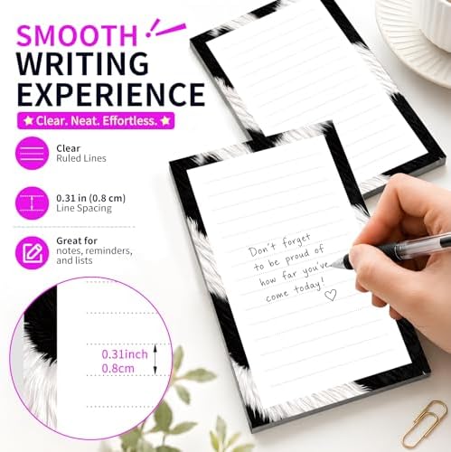 Lined Sticky Notes 4x6 in, 2 Pack Large Cute Notepads with Lines Self-Stick Note Pad, Funny Memo Pads Strong Adhesive for Office, Home Black White Cowhide