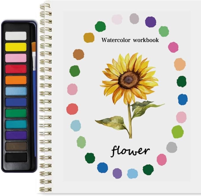 Watercolor Workbook for Adults & Beginners: 12-Color Set with Brush (Flowers1)
