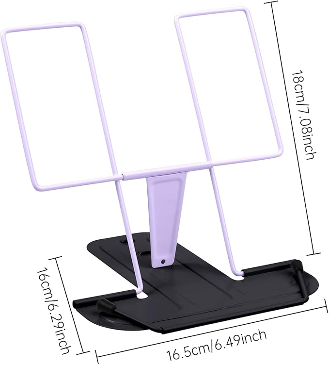MSDADA Metal Book Stand for Desk, Adjustable Reading Rest Book Holder, Portable Cookbook Documents Holder, Sturdy Typing Stand for Recipes Textbooks Tablet Music Books with Page Clips (Purple+Black)
