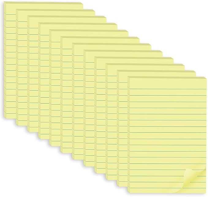 (12 Pack) Lined Sticky Notes 4x6 in,Yellow Large Notepads with Lines,Ruled Stickies Super Sticking Power,Office School Memo Note Pads,Post on Windows Doors,Recyclable,Easy to Write on,Hold Well