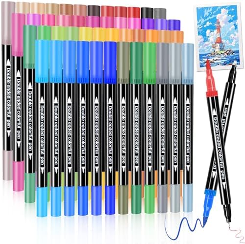 Dual Markers Brush Pens, Art Brush Coloring Markers for Adult Coloring Books, 48 Colors Pens for Teens, Double Tip Colored Pen for Journaling Note taking Planner Lettering Calligraphy Drawing