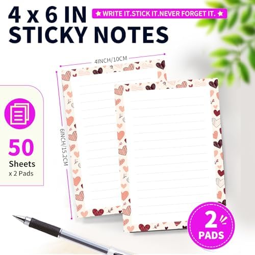 Lined Sticky Notes 4x6 in, 2 Pack Large Cute Notepads with Lines Self-Stick Note Pad, Funny Memo Pads Strong Adhesive for Office, Home Colorful Cute Hearts
