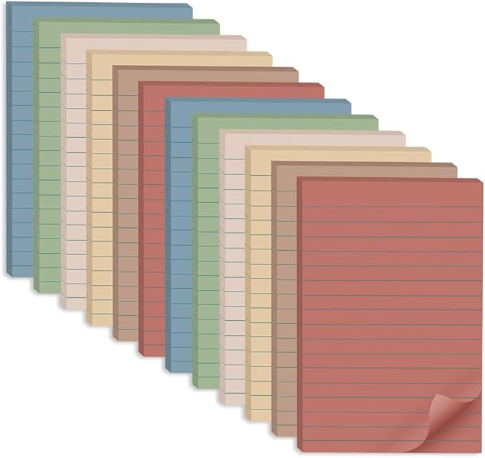 (12 Pack) Lined Sticky Notes 4x6 in,Large Notepads with Lines,Ruled Stickies Super Sticking Power,Office School Memo Note Pads Vintage Colors,Post on Windows Doors,Recyclable,Easy to Write on