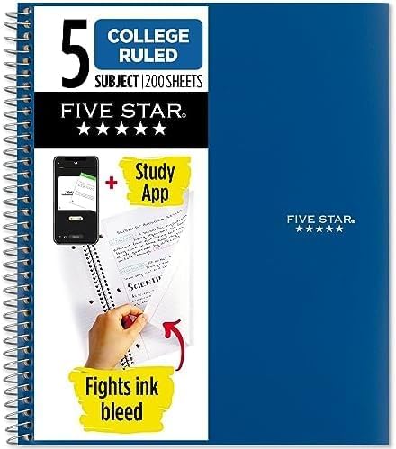 Five Star Spiral Notebook + Study App, 5 Subject, College Ruled Paper, 8-1/2" x 11", 200 Sheets, Fights Ink Bleed, Water Resistant Cover, Pacific Blue (73635) 1 Count (Pack of 6)