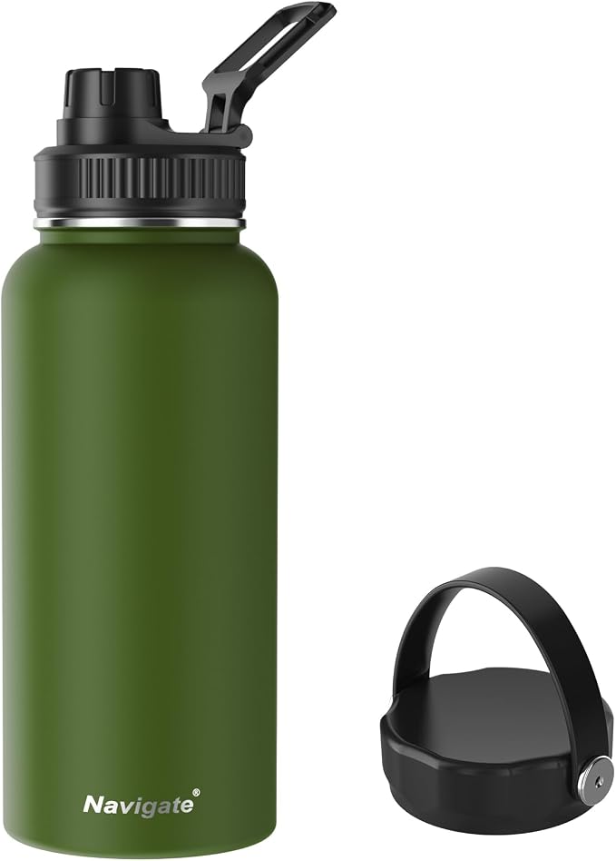 Navigate 32oz Insulated Water Bottle for Sports, Keep Cold 24H | 2-in-1 Spout and Handle Lids, Double Leak-Proof, 18/8 Stainless Steel, BPA-Free, Wide Mouth for Hiking,Dark Green