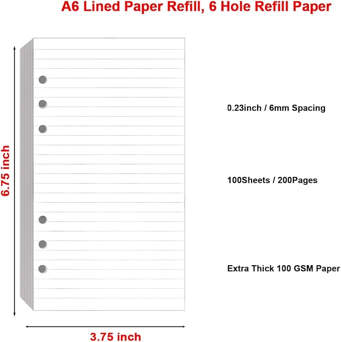 A6 Lined Paper Refill 6 Ring, A6 Filler Paper for Filofax Personal Binder Planner, 100gsm Ruled Pages, 6 Hole Punched, 100 Sheets/200 Pages, 3.75 x 6.75 Inch