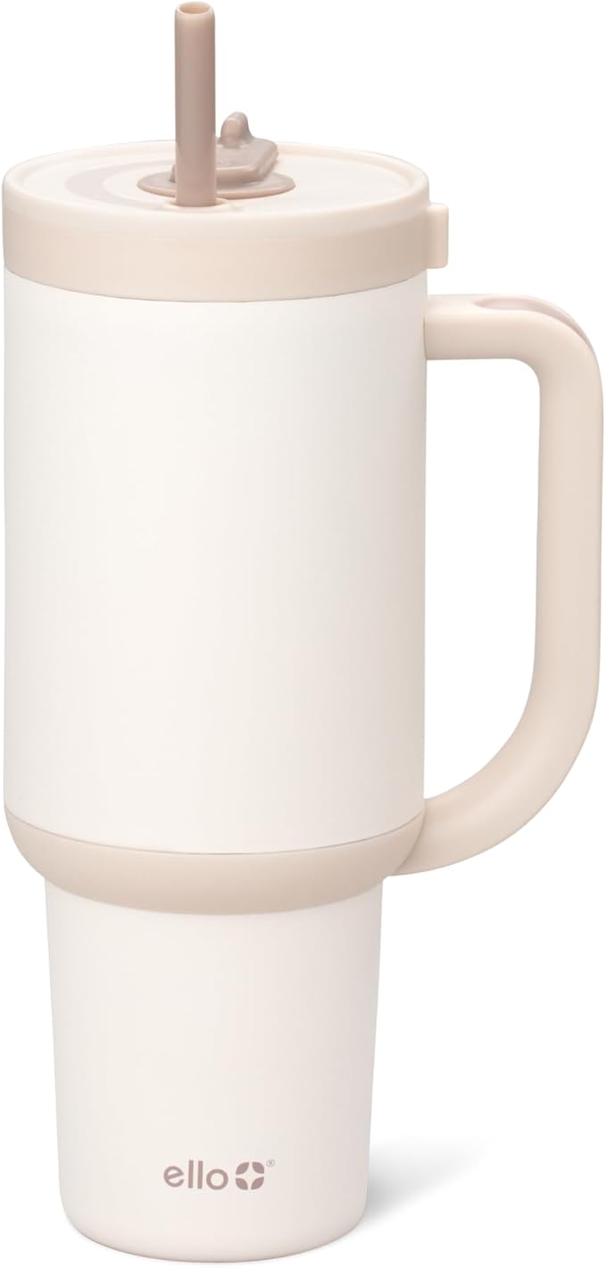 Ello Oasis 40 oz Tumbler with Handle & Retracting Straw | Reusable Insulated Stainless Steel Cup 100% Leakproof, Gifts for Teens Women Men | Keeps cold for 24 Hours, Cup Holder Friendly, Cream Tonal