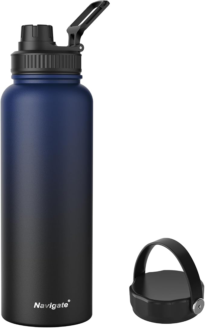 Navigate 40oz Insulated Water Bottle for Sports, Keep Cold 24H | 2-in-1 Spout and Handle Lids, Double Leak-Proof, 18/8 Stainless Steel, BPA-Free, Wide Mouth for Hiking,Blue to Black