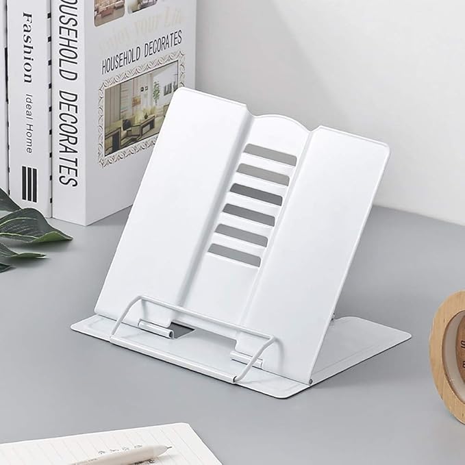 Azheeujy Metal Book Stand Folding Reading Book Holder with 6 Adjustable Angles and Paper Page Clip,Sturdy Desktop Book Holder for Cookbook,Magazine,Textbooks,Document,Music Book,Laptop,Tablet (White)