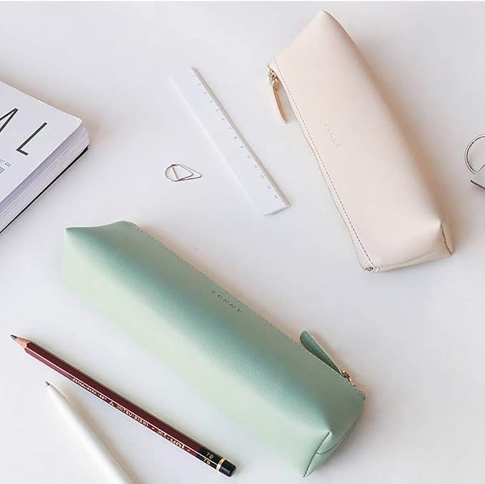 Doraking PU Leather Cosmetic Makeup Bag Pen Stationery Case | Small Pencil Pouch for Students Zipper Bag for Pens, Pencils, Markers (Apricot)