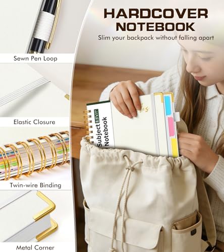 Hardcover Spiral Notebook 8.5"x11" Journal with Removable Dividers Tabs, 300 Pages Organizer Notebooks for Work School, Leather 5 Subject Notebook College Ruled, Large Lined Journal for Women，White