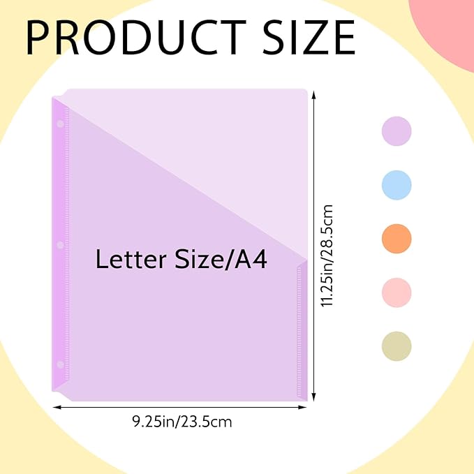 Maitys 5 Pack Binder Pockets 3 Hole Punch Clear Plastic Document Folders Binder Organizer Store Letter Size 8.5 x 11 Inch Paper Folders with Pockets Slash File Jacket for Office(Pastel Colors)