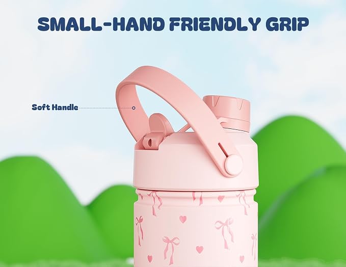 POWCAN 2 Pack 18 oz Insulated Water Bottle for School: Leakproof, 2-in-1 Straw Spout Lid, BPA-Free, Keep Cold 24 Hrs, Stainless Steel Cup for Girls Boys Kids (Sweetheart Bow & Cute Unicorn)