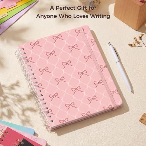 Hardcover Spiral Notebook Journal for Women & Men, Cute 5 Subject Notebook College Ruled for School & Work, Pink Journaling Notebooks with Removable Dividers Tabs, 8" x 10", 300 Pages, Bows