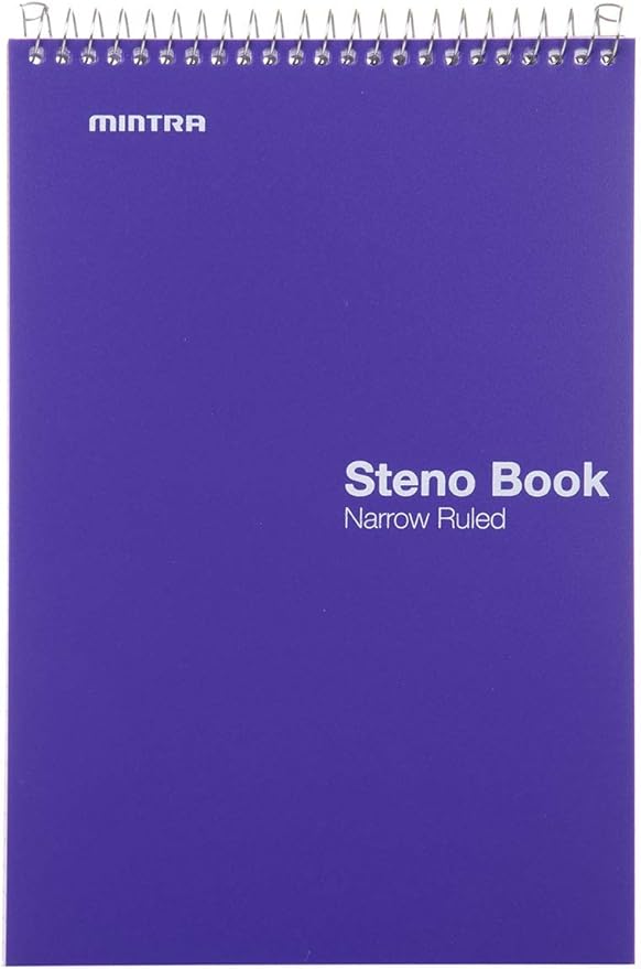 Mintra Office Steno Book - (BRIGHTS - Purp/Wht/Teal/Orange) - Poly Cover, 6in x 9in, 100 sheets, Narrow Ruled for Writing Notes for school, office, work, 6x9 steno notepad, top bound spiral notebook (8 PACK)