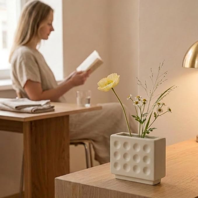 Abstract Square Face Pen Holder, Modern and Minimalistic Desk Accessories (Matte Crème)