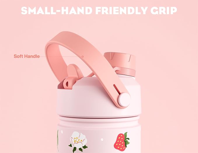 18 oz Kids Water Bottle: UV-Activated, Leakproof, 2-in-1 Straw Spout Lid, BPA-Free, Easy Carry, Keep Cold 24H, Insulated Stainless Steel Cup for Sports, Camping, Gift, Home (Sun-Kissed Strawberry)