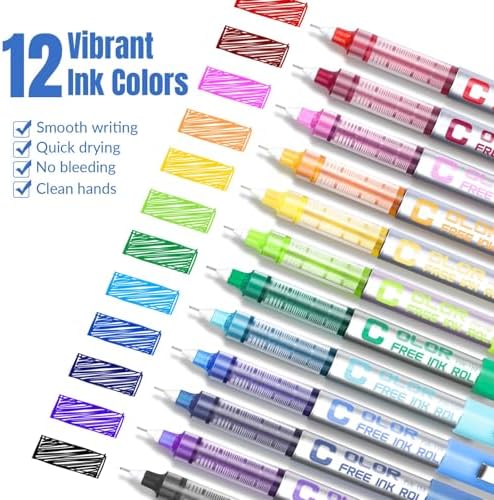 EYEYE Needle Rollerball Pens 0.5mm, 12 Assorted Colors Extra Fine Point Pen Quick Dry, Liquid Ink Pens Fine Point Smooth Writing Pen for Journaling, Note Taking, Office, Doodling & Gifts