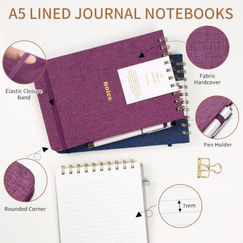 TSFPapier A5 Top Spiral Notebook, Fabric Hardcover College Ruled Journal
