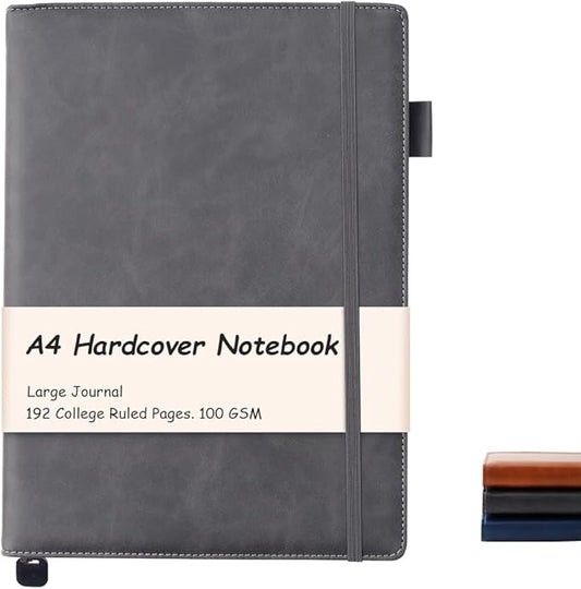 King Mills Hardcover Notebook 8.5 X 11 Inches, A4 Notebook Hardcover with Pen Loop, 192 Pages, 100GSM Premium Paper, A4 College Ruled Notebook w. PU Leather Cover, Black