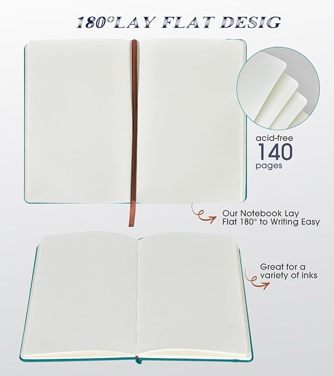 Biuwory Blank Journal Notebook for Women Men, Hardcover Leather Sketchbook 5.7"×8.3", 140 Pages Unlined Sketch book for Drawing, Writing, Travel, School & Work, Journaling Notebooks (Blue)