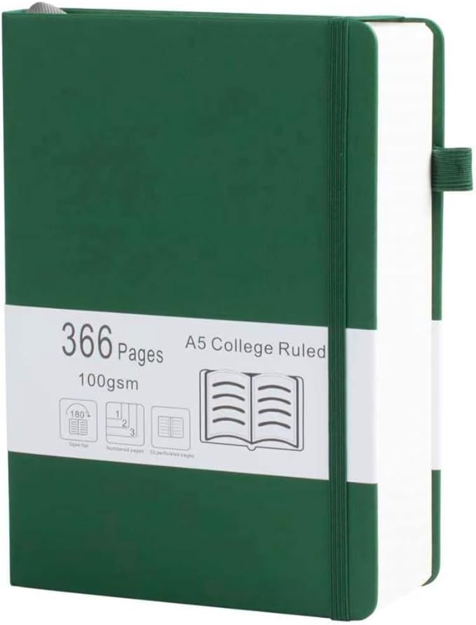 Thick College Ruled Notebook with 366 Numbered Pages, A5 Journals for Writing with 100GSM Lined Paper, Hardcover Leather Notebooks for Women Men School Note Taking Office Work Diary, Green
