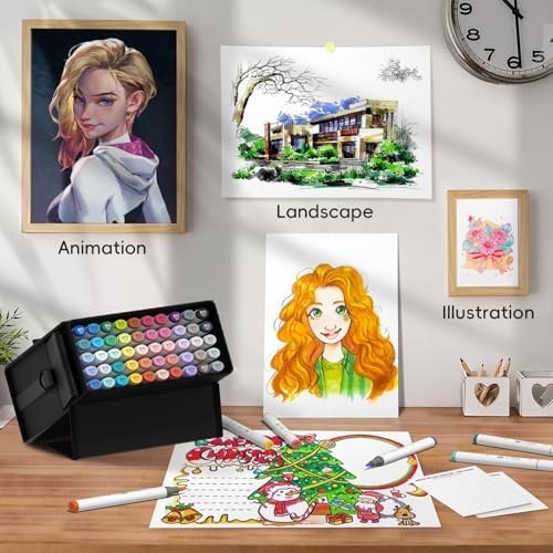 ANNLOV Alcohol Markers Brush Tip, 50 Colors Dual Tip Art Marker Set with Soft Brush & Chisel Tip, Skin Tones & Blender, Tilt-Stand Easy Carrying Case for Artist Adults Coloring Illustration