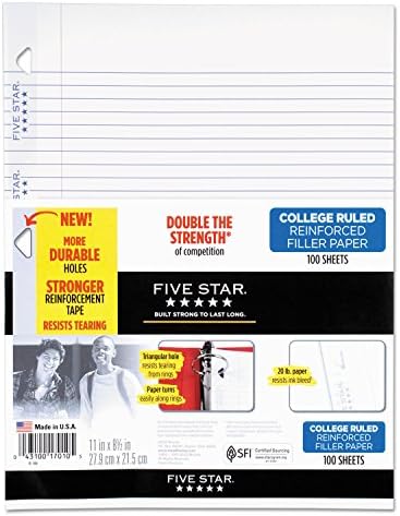 Five Star Filler Paper, College Ruled, Reinforced, Loose Leaf Paper, 11 x 8.5", 100 Sheets/Pack Pack Of 3, 17010