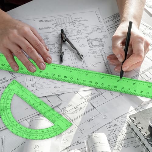 2 Packs 12 Inch Clear Ruler and 6 Inch Protractor Set,Green