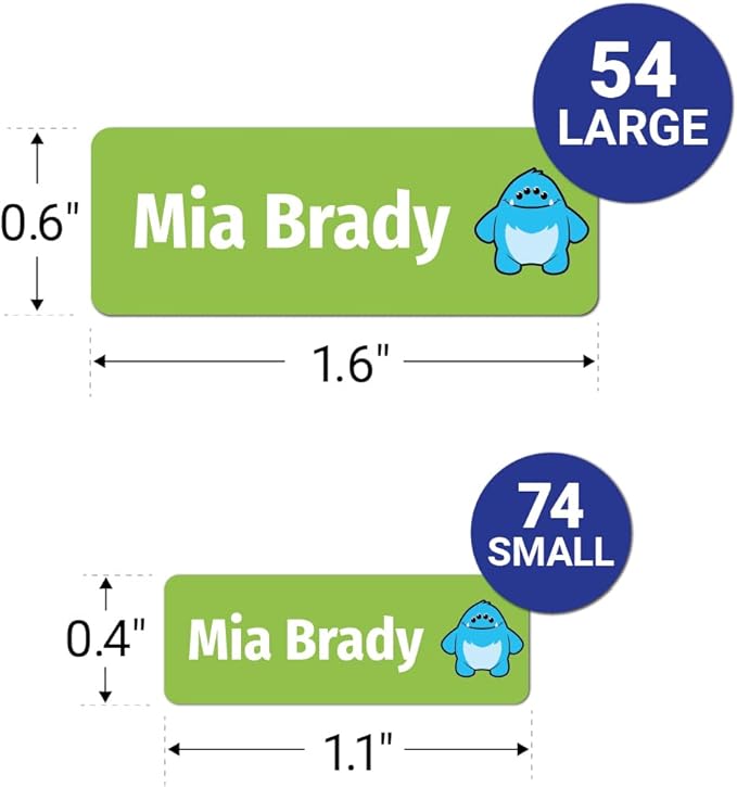 Kids Personalized Name Labels for School, Camp, Daycare (128 Labels) Custom Peel and Stick Waterproof Name Tags Stickers for Water Bottles, Lunch Boxes, Clothing, School Supplies (Monster)