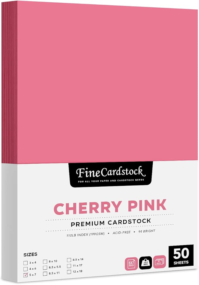5 x 7" Cherry Pink Pastel Color Cardstock Paper – Great for Arts & Crafts, Wedding Invitations, Cards and Stationery Printing | Medium to Heavy Card Stock 110lb Index (199gsm) | 50 Sheets per Pack