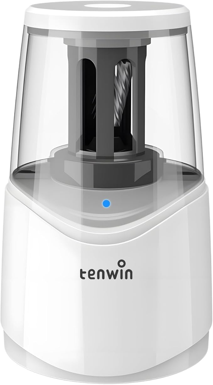 tenwin Rechargeable Pencil Sharpener for No.2 & Colored 6-8mm Pencils, Heavy Duty Electric Pencil Sharpener, Durable Helical Blade for Fast Sharpen, Home/School/Art Studio (White)