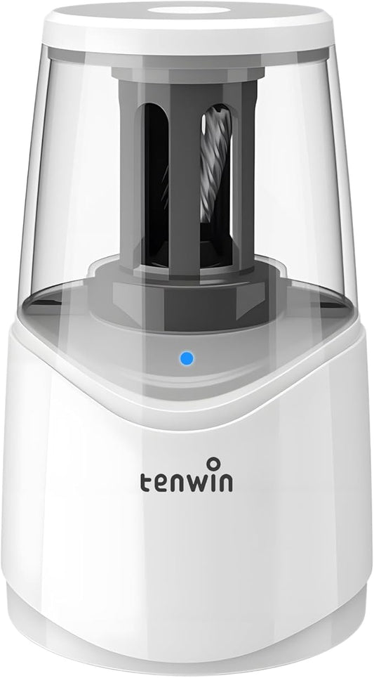 tenwin Rechargeable Pencil Sharpener for No.2 & Colored 6-8mm Pencils, Heavy Duty Electric Pencil Sharpener, Durable Helical Blade for Fast Sharpen, Home/School/Art Studio (White)