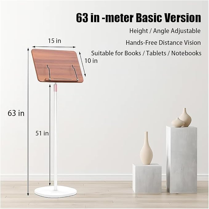 Adjustable Standing Book Stand,Book Reading Stands,Wood Music Sheet，Podium& Bible& Cookbooks Display Stands.Goodbye to Head Down Fatigue Adjustable Viewing Angle (White, 63in)